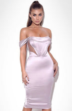 Load image into Gallery viewer, Jasmine Blush Off Shoulder Corset Satin Dress