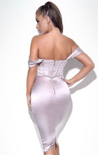 Load image into Gallery viewer, Jasmine Blush Off Shoulder Corset Satin Dress