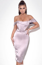 Load image into Gallery viewer, Jasmine Blush Off Shoulder Corset Satin Dress