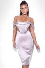 Load image into Gallery viewer, Jasmine Blush Off Shoulder Corset Satin Dress