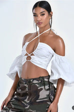 Load image into Gallery viewer, Rumi White Lace Up Halter Neck Puff Sleeve Top