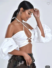 Load image into Gallery viewer, Rumi White Lace Up Halter Neck Puff Sleeve Top
