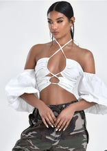 Load image into Gallery viewer, Rumi White Lace Up Halter Neck Puff Sleeve Top