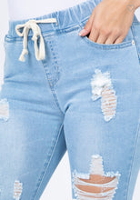 Load image into Gallery viewer, Distressed denim joggers with drawstring
