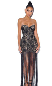 Becoming Black Lace Long Fringed Strapless Dress