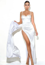 Load image into Gallery viewer, Valencia Vanity Satin High Slit Draping Corset Gown with Crystals
