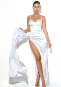 Valencia Vanity Satin High Slit Draping Corset Gown with Crystals