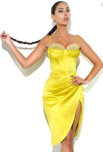 Lyla Lemon Satin Corset Dress with Crystals