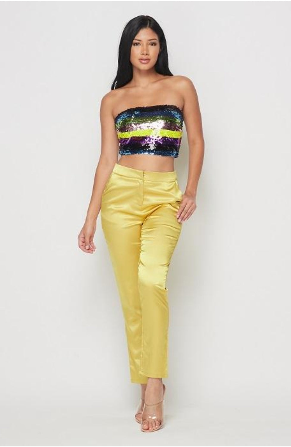 A SEQUIN TUBE TOP AND SATIN PANTS SET