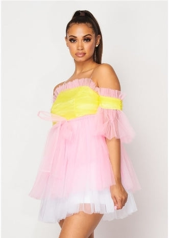 Pinky's Pink Lemonade Tulle Mesh dress with waist belt