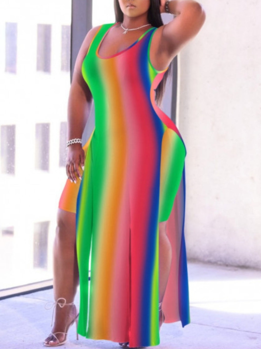 Reign Rainbow Stripe Split Multicolor Two-piece shorts set
