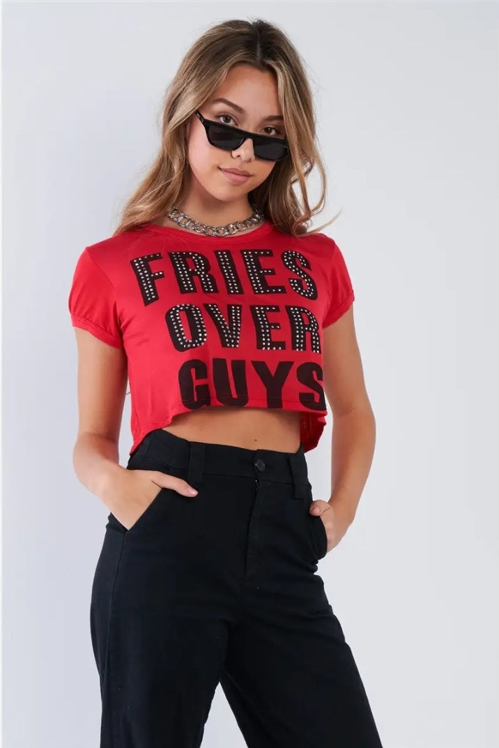 Fries Over Guy Graphic Studs Detail Crop Top