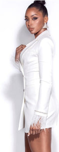 Lizzie White Feather Crystal Sleeve Backless Blazer Dress