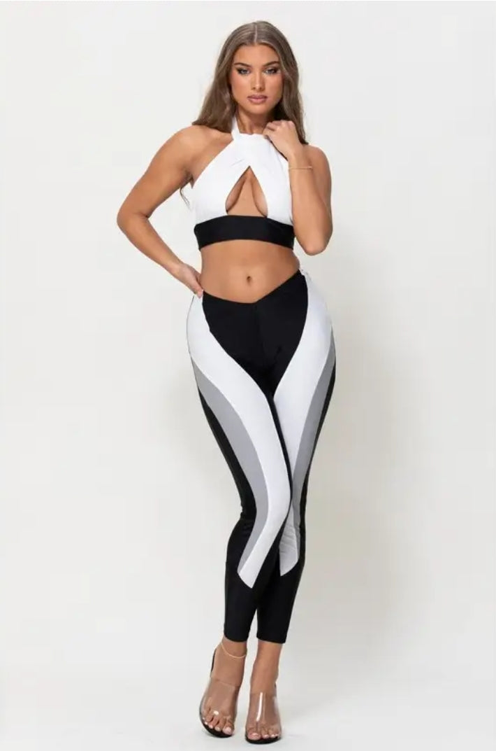 Halter Cut Out Top and Color Block Legging Sets