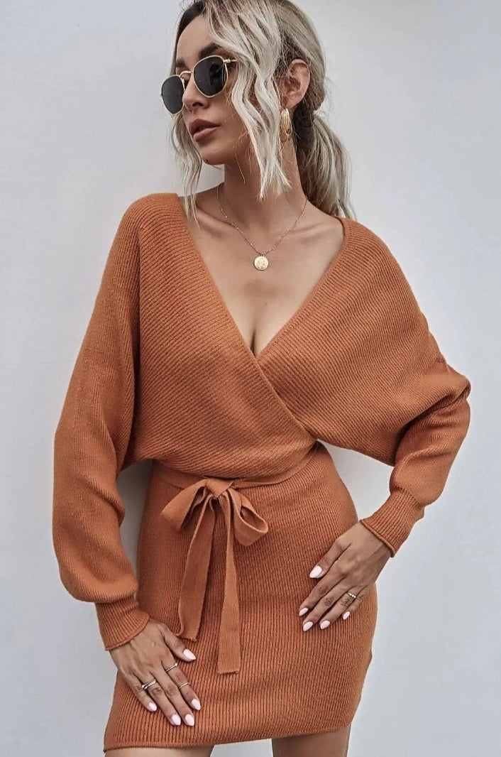 Nene Neckline Tying Waist Sweater Dress large / carmel Nene Neckline Tying Waist Sweater Dress large / carmel