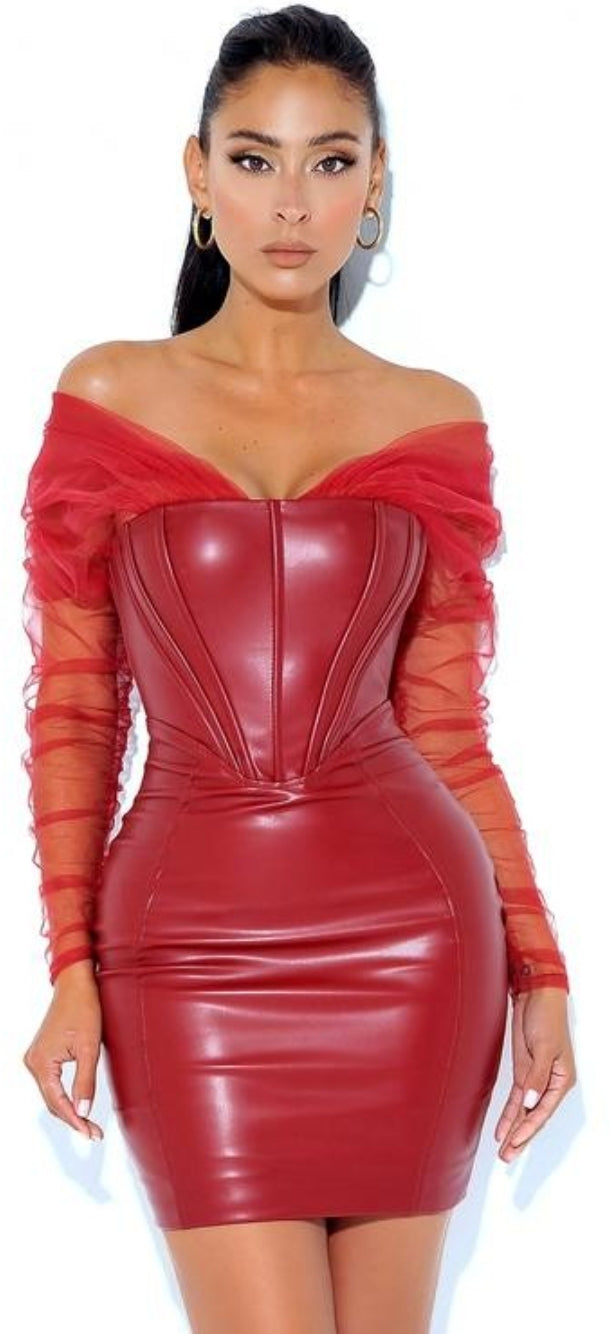 Fancy Burgundy Mesh Sleeve Leather Corset Dress