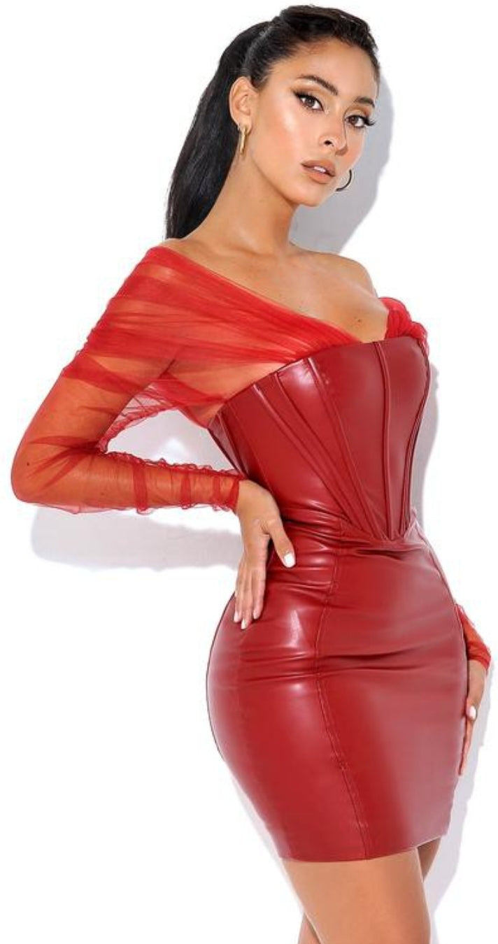 Fancy Burgundy Mesh Sleeve Leather Corset Dress medium Fancy Burgundy Mesh Sleeve Leather Corset Dress medium