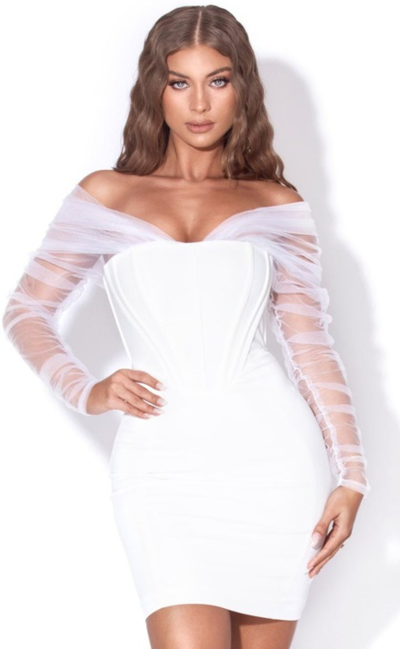 Zade White Off Shoulder Mesh Sleeve Corset Dress, Medium Zade White Off Shoulder Mesh Sleeve Corset Dress, Medium