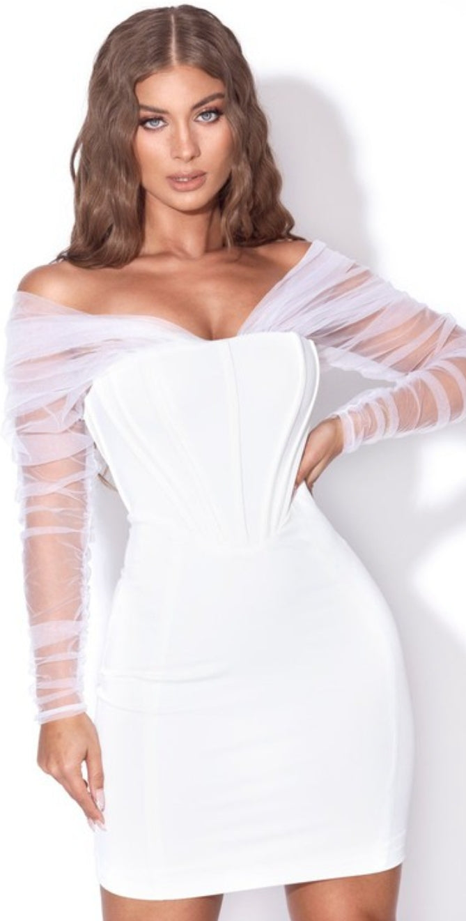 Zade White Off Shoulder Mesh Sleeve Corset Dress medium Zade White Off Shoulder Mesh Sleeve Corset Dress medium