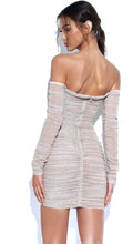 Load image into Gallery viewer, BeBe Beige Off Shoulder Long Sleeve Mesh Dress With Crystals
