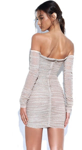 BeBe Beige Off Shoulder Long Sleeve Mesh Dress With Crystals medium BeBe Beige Off Shoulder Long Sleeve Mesh Dress With Crystals medium