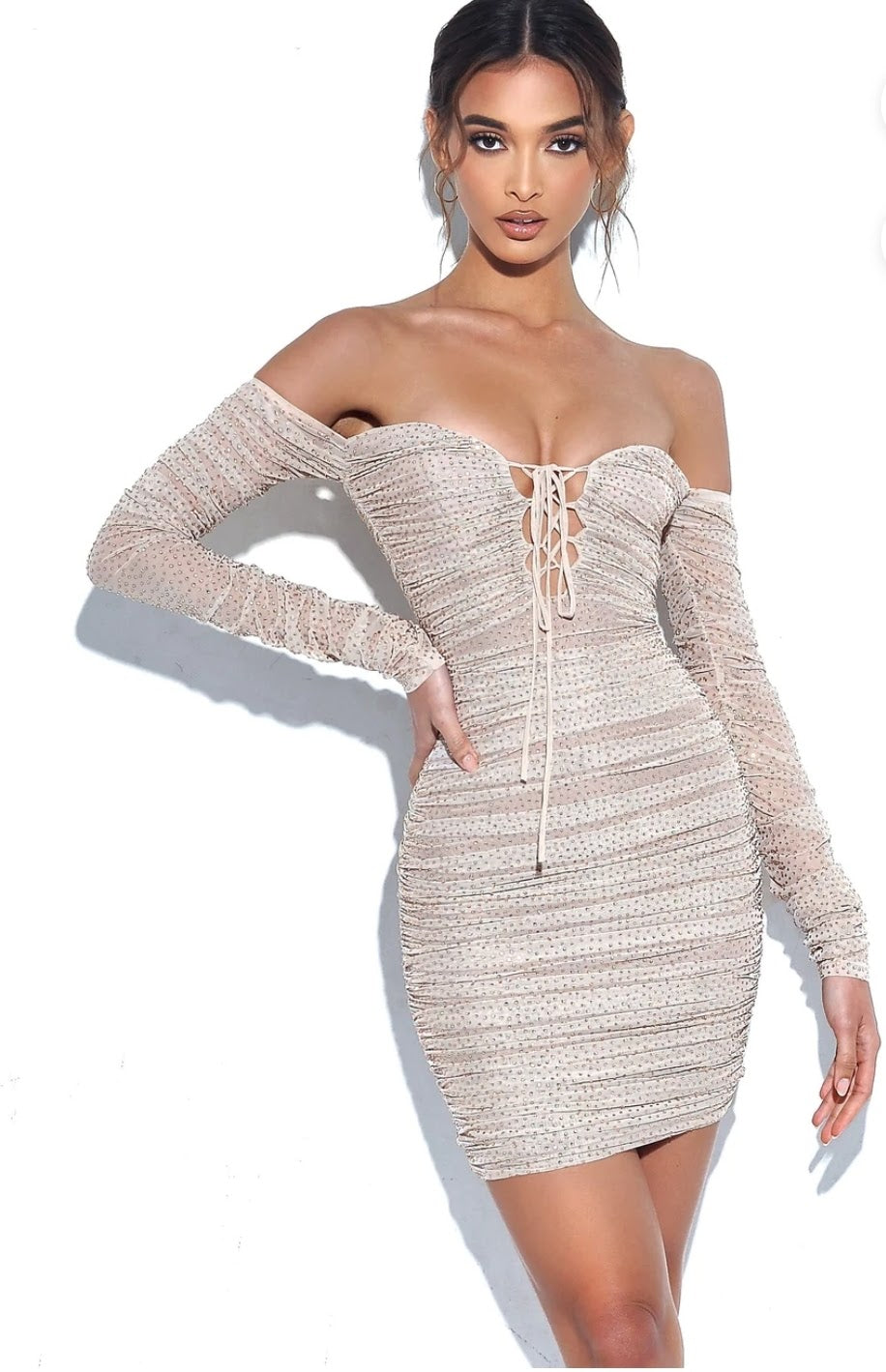 BeBe Beige Off Shoulder Long Sleeve Mesh Dress With Crystals small BeBe Beige Off Shoulder Long Sleeve Mesh Dress With Crystals small