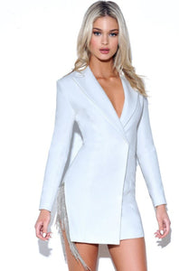 Dreya White Crystal Fringe Blazer Dress