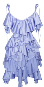 Blue Satin Cutout Ruffle Dress