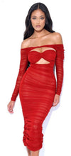 Load image into Gallery viewer, Red Burgundy Mesh Off Shoulder Cutout Dress
