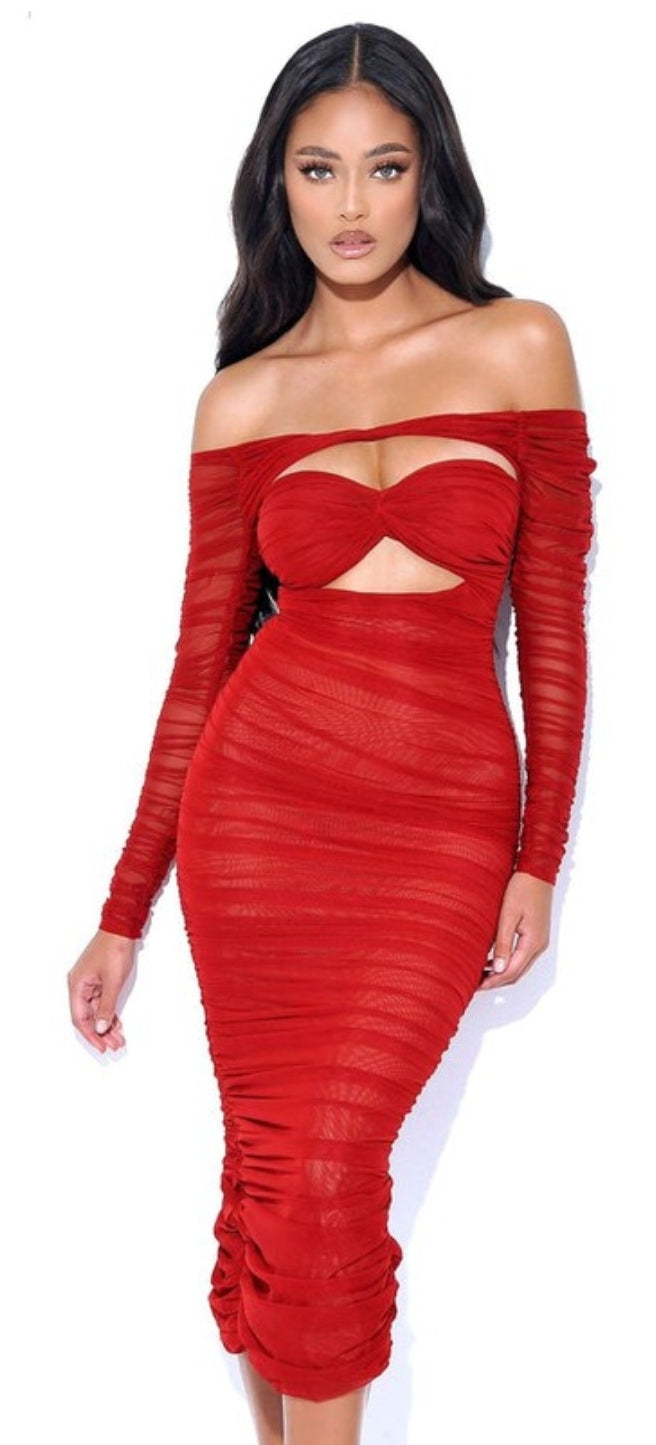 Red Burgundy Mesh Off Shoulder Cutout Dress