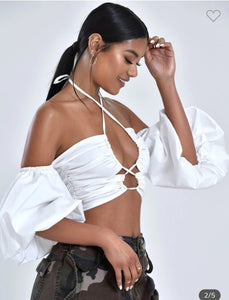 Rumi White Lace Up Halter Neck Puff Sleeve Top