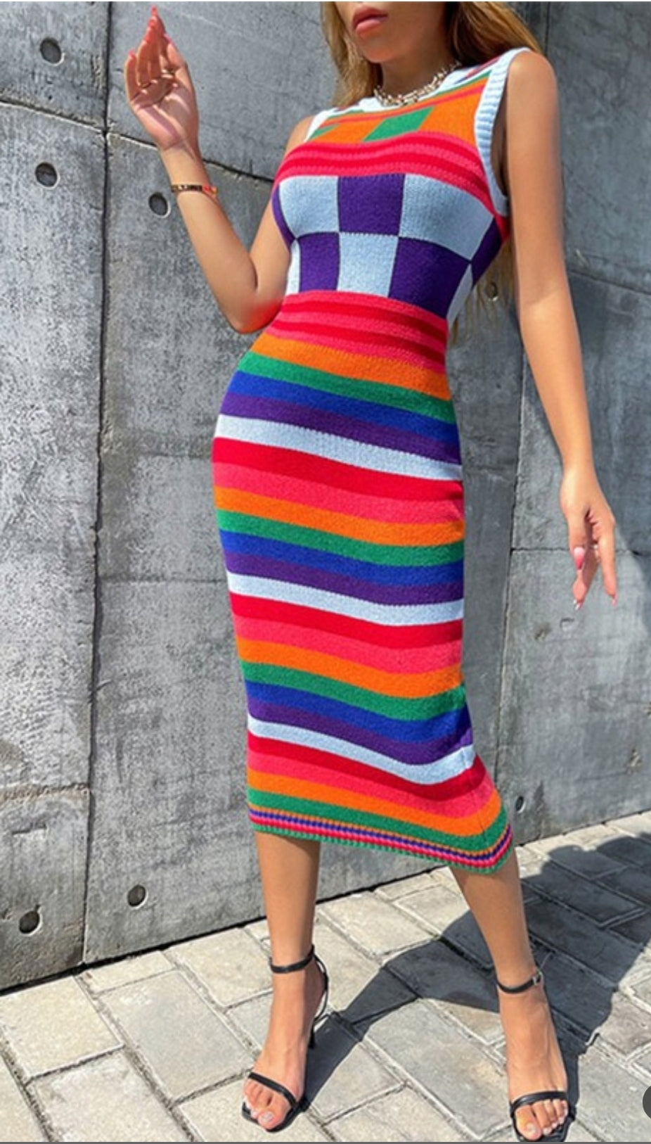 Easter Dresses Colorful Rainbow Striped Sleeveless Slimming Knit Midi Dress Perfect for Casual Summer Vacation(Colour/S) Easter Dresses Colorful Rainbow Striped Sleeveless Slimming Knit Midi Dress Perfect for Casual Summer Vacation(Colour/S)