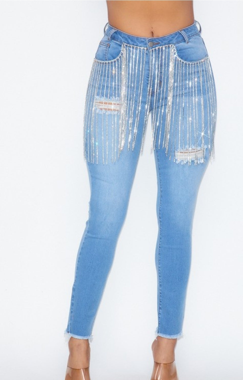 Rhinestone Fringe Denim Skinny Jeans