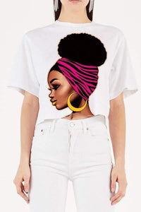 Pink Band Afro Bun Girl Print Cropped Short Sleeve Top
