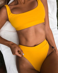 2022 High Waist Bathing Suits Push Up Sexy Yellow Swimsuit Women Sport Crop Bikini Sets