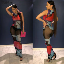 Load image into Gallery viewer, Sexy mesh Patchwork design long bodycon dresses see-through Maxi dresses female
