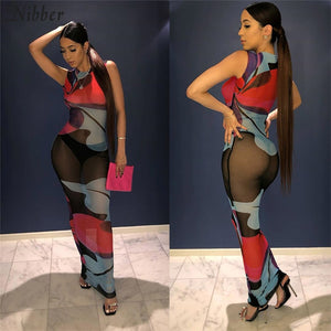 Sexy mesh Patchwork design long bodycon dresses see-through Maxi dresses female