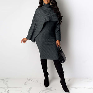 Women Winter Turtleneck Long Sleeve Sweater Dress Plus Size Midi Knitted Dresses Two Piece Sets Lady