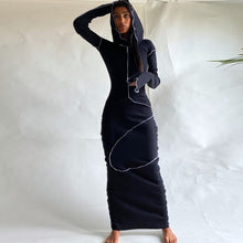 Load image into Gallery viewer, Long Sleeve Hooded Patchwork Skinny Maxi Dress
