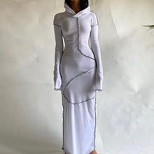 Load image into Gallery viewer, Long Sleeve Hooded Patchwork Skinny Maxi Dress
