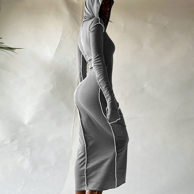 Long Sleeve Hooded Patchwork Skinny Maxi Dress